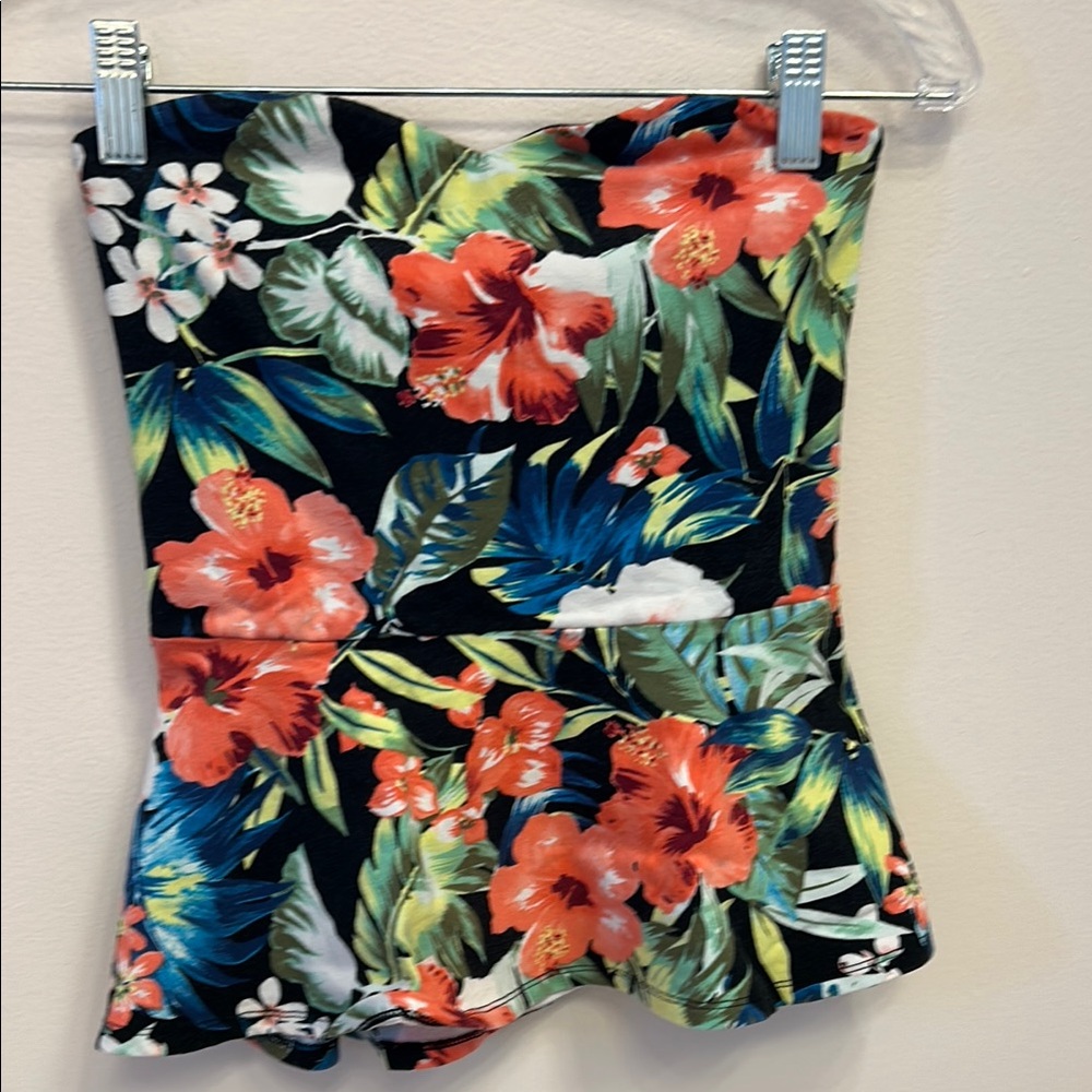 Express Floral Strapless Top - Black and Red